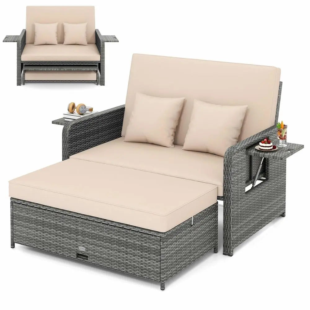 Moccha Outdoor Daybed, Wicker Loveseat Sofa Set with 4Postion Adjustable Backrest, Storage Ottoman, Cushions, Rattan Double Bed