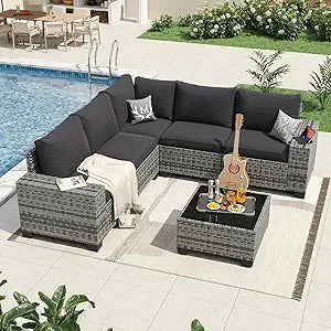 Patio Furniture Set Wicker Rattan Outdoor Sectional Conversation Set with Coffee Table and Thick Cushions