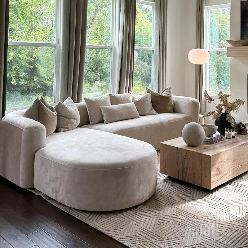 Modern Velvet L-Shaped Sofa, Luxury Curved Back with Left Chaise (Cream)