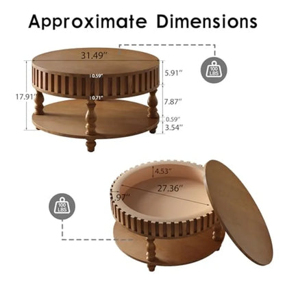 31.49'' Round Wood Coffee Table with Storage 2-Tier Circle Fluted Coffee Table in Walnut for Living Room Apartment Office with