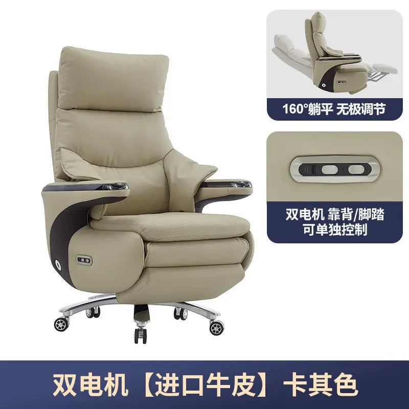 New Electric Genuine Leather Executive Chair - High-Back Reclining Office Desk Chair for Daytime Rest and Prolonged Sitting JT40