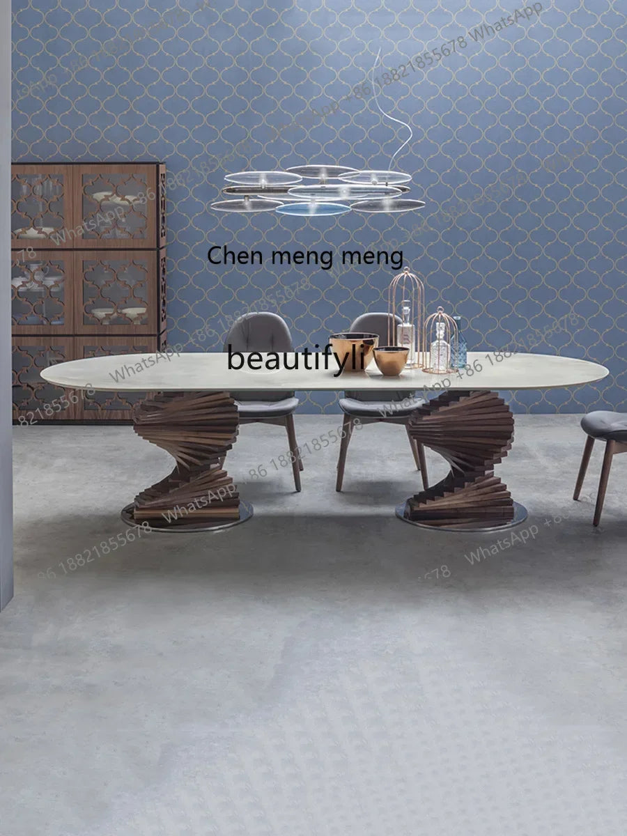 cc182l Italian minimalist curved design tempered glass round table solid wood special-shaped creative rotating ladder dining tab