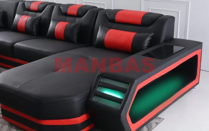 Modern LED Light Genuine Leather Sectional Sofa Set with Storage Shelves, USB Charging Ports, Cup Holder and Contemporary Design