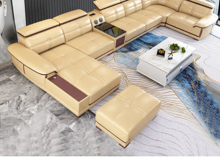 Modern Italian Genuine Leather Sofa for Living Room with Cup Holder, USB, Adjustable Headrests & Bluetooth Speaker - Linlamlim