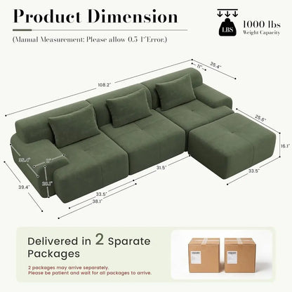 Green Oversized L-Shape Sectional Sofa with Deep Seat, Ottoman, and 3 Pillows