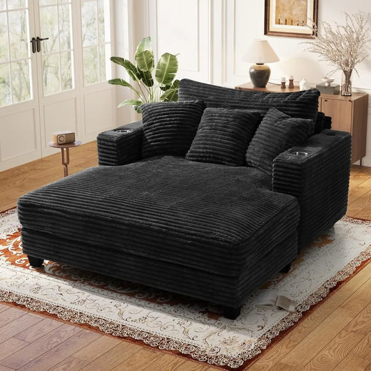 60 Chaise Lounge Indoor, Upgraded Oversized Upholstered Sofa Bed with Pillows & Armrests, Fluffy Plush Faux Fur Sleeper Couch Ch