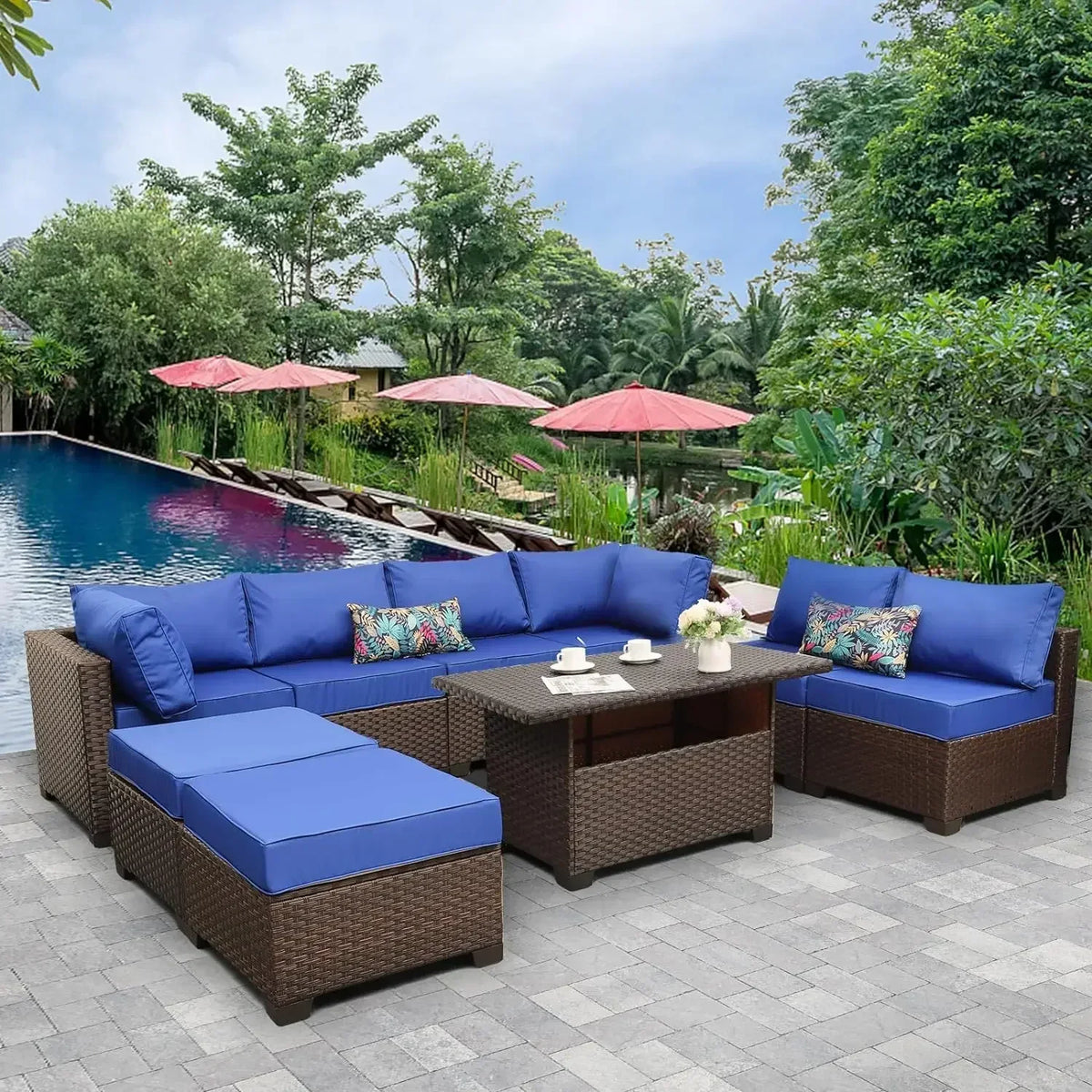 /-Patio Furniture 9 Piec Set with Cushions and 45” Gas fire Pit Table, Outdoor PE Rattan Sectional Conversation Sofa Set