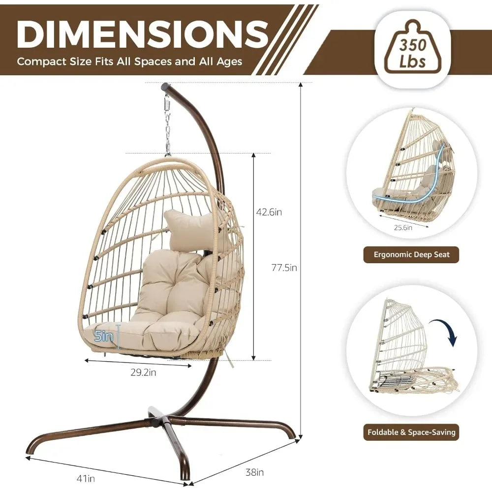 Cozy Hanging Egg Chair with Stand, Indoor Outdoor Wicker Swing with Cushion, 350lbs Capacity for Patio Deck Balcony