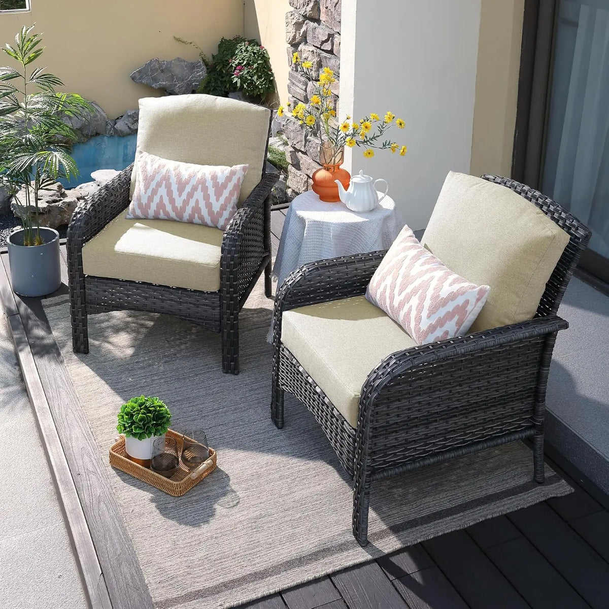 2-Piece Patio Furniture Set, Outdoor Wicker Sofa with Chairs, High Back Rattan Chair with Comfy Cushions for Porch, Customized