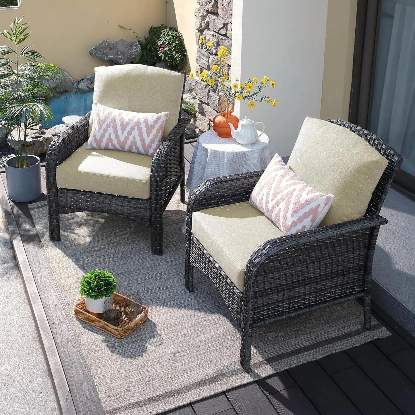 2-Piece Patio Furniture Set, Outdoor Wicker Sofa with Chairs, High Back Rattan Chair with Comfy Cushions for Porch, Customized