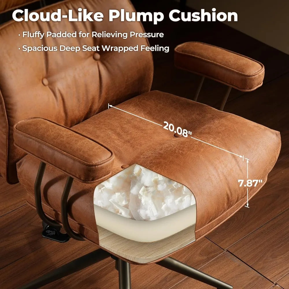 Ergonomic Home Office Chair, Mid-Century Modern Faux Leather Chairs with Thickened Cushions, Comfy High Back Swivel
