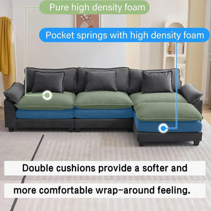 l L Shape Sofa Comfy Sectional Cloud Couch for Living Room with Pillows, Modern Velvet Sofa Sleeper Deep Couches with Ottoman