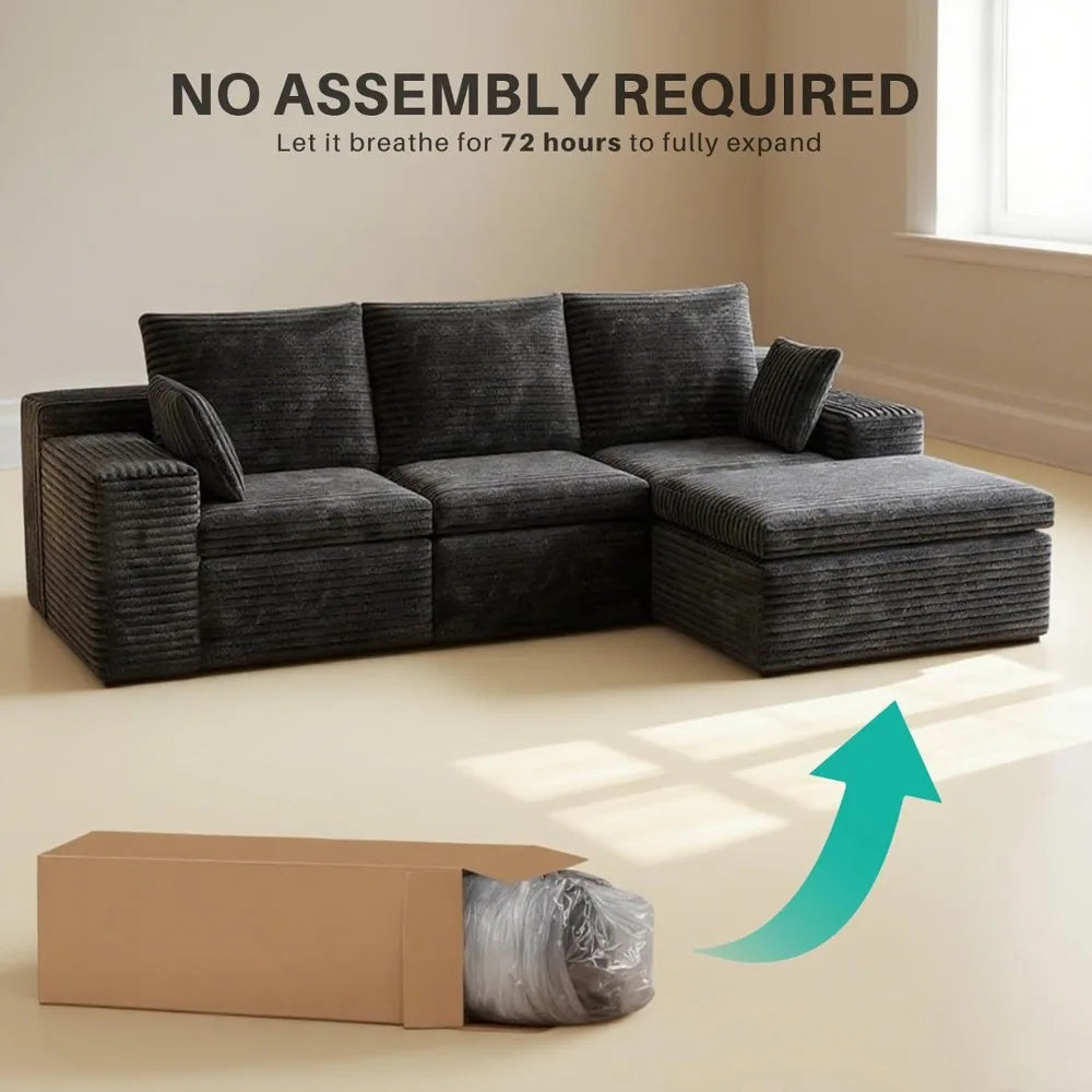 Modern 3-Seat L-Shape Sectional Sofa with Ottoman and 2 Pillows, Memory Foam Cloud Couch for Living Room