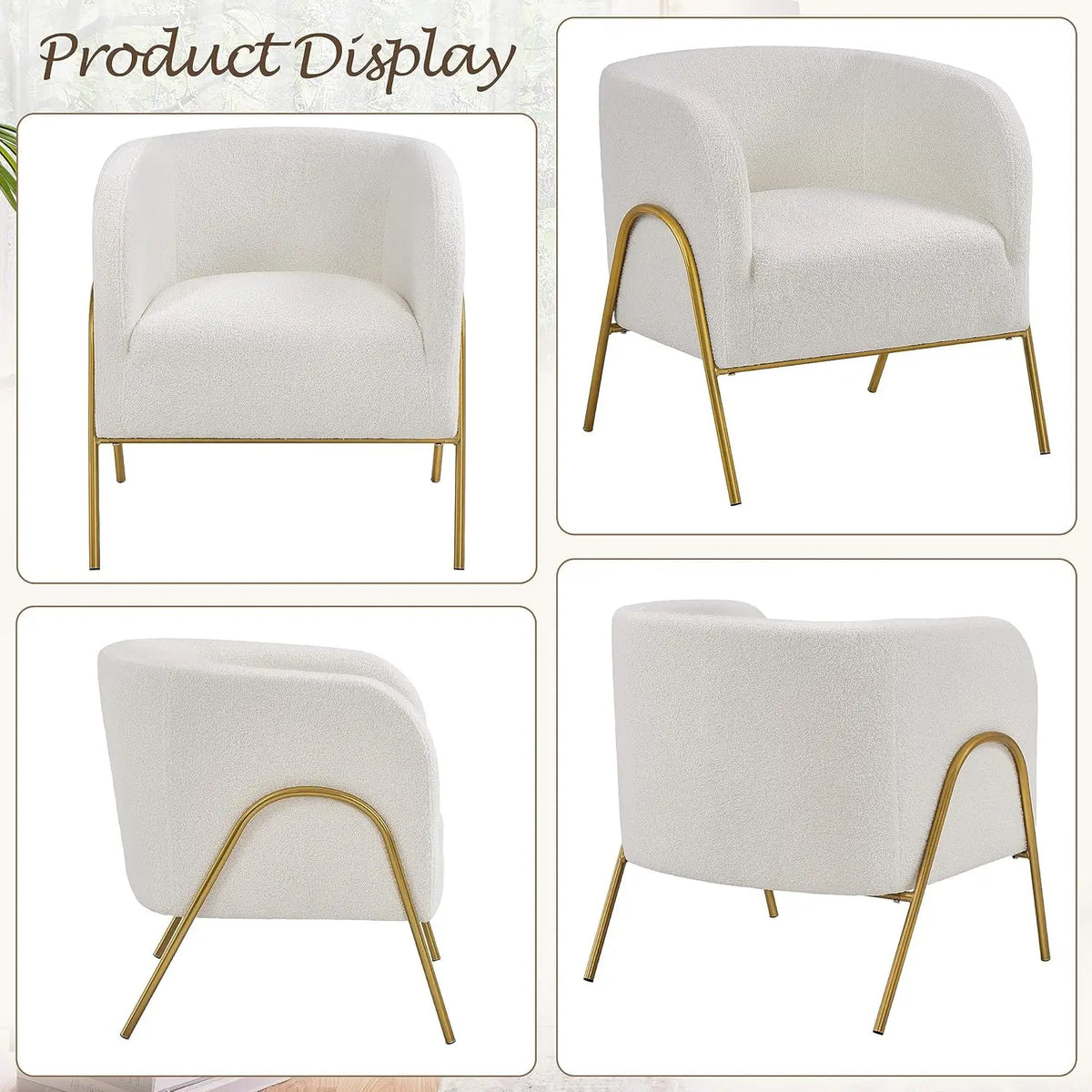Set of 2, Armchair Set, Side Chairs for Living Room, Boucle Fabric Vanity Chairs with Gold Legs for Bedroom Office Readig Nook
