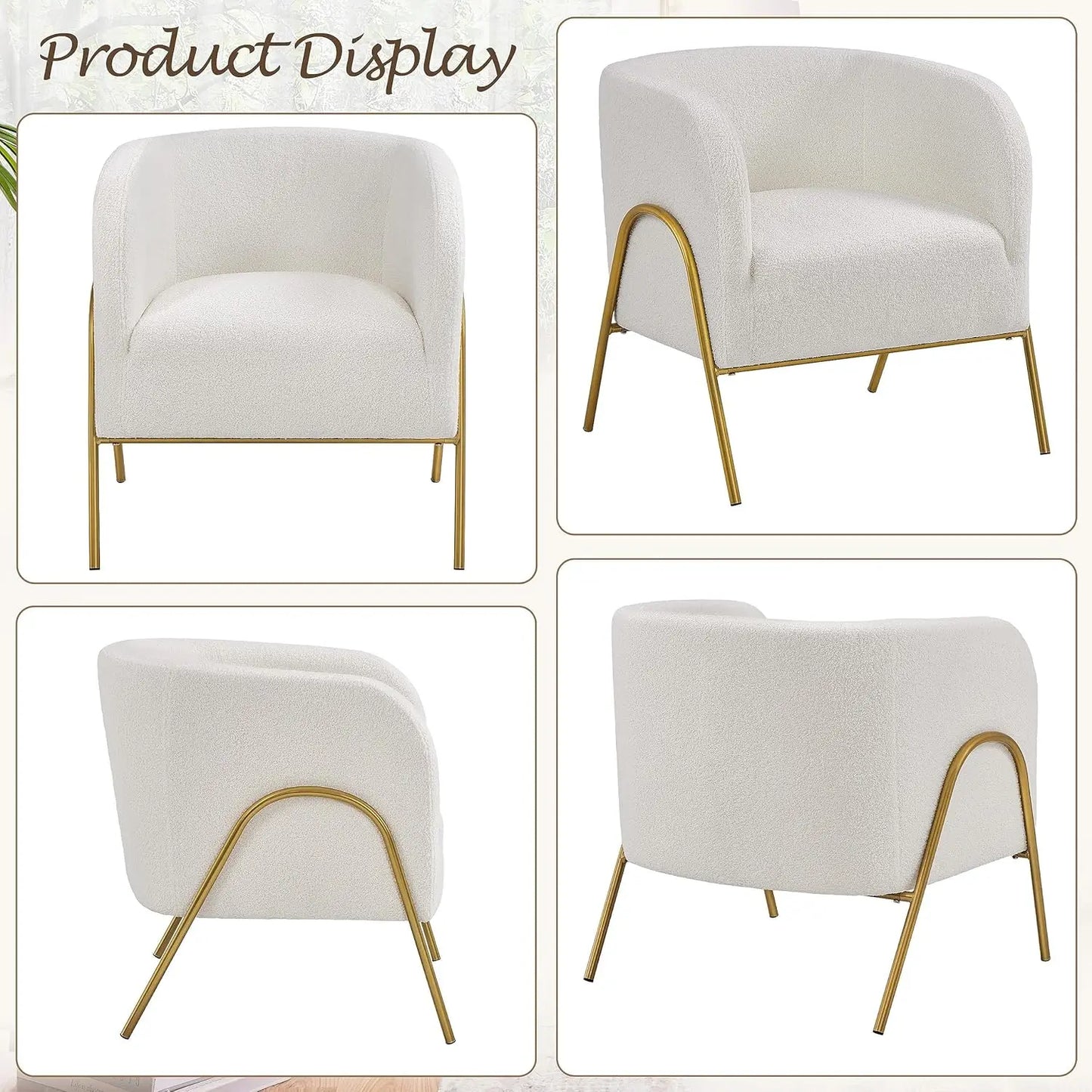 Set of 2, Armchair Set, Side Chairs for Living Room, Boucle Fabric Vanity Chairs with Gold Legs for Bedroom Office Readig Nook