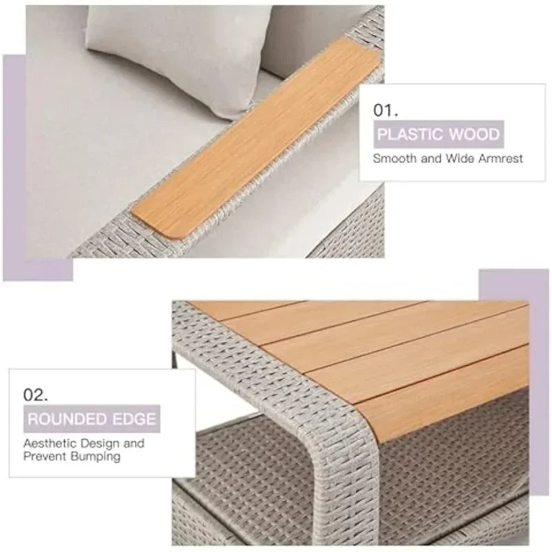 Patio Furniture Set, Outdoor Sectional Conversation Rattan Sofa with Ottoman and Storage Table Garden Sofas