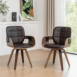 Set of 2 Mid Century Modern Chairs - Swivel Dining Chairs with Arms and Curved Back, Faux Leather Reception Room Chairs, Ideal f