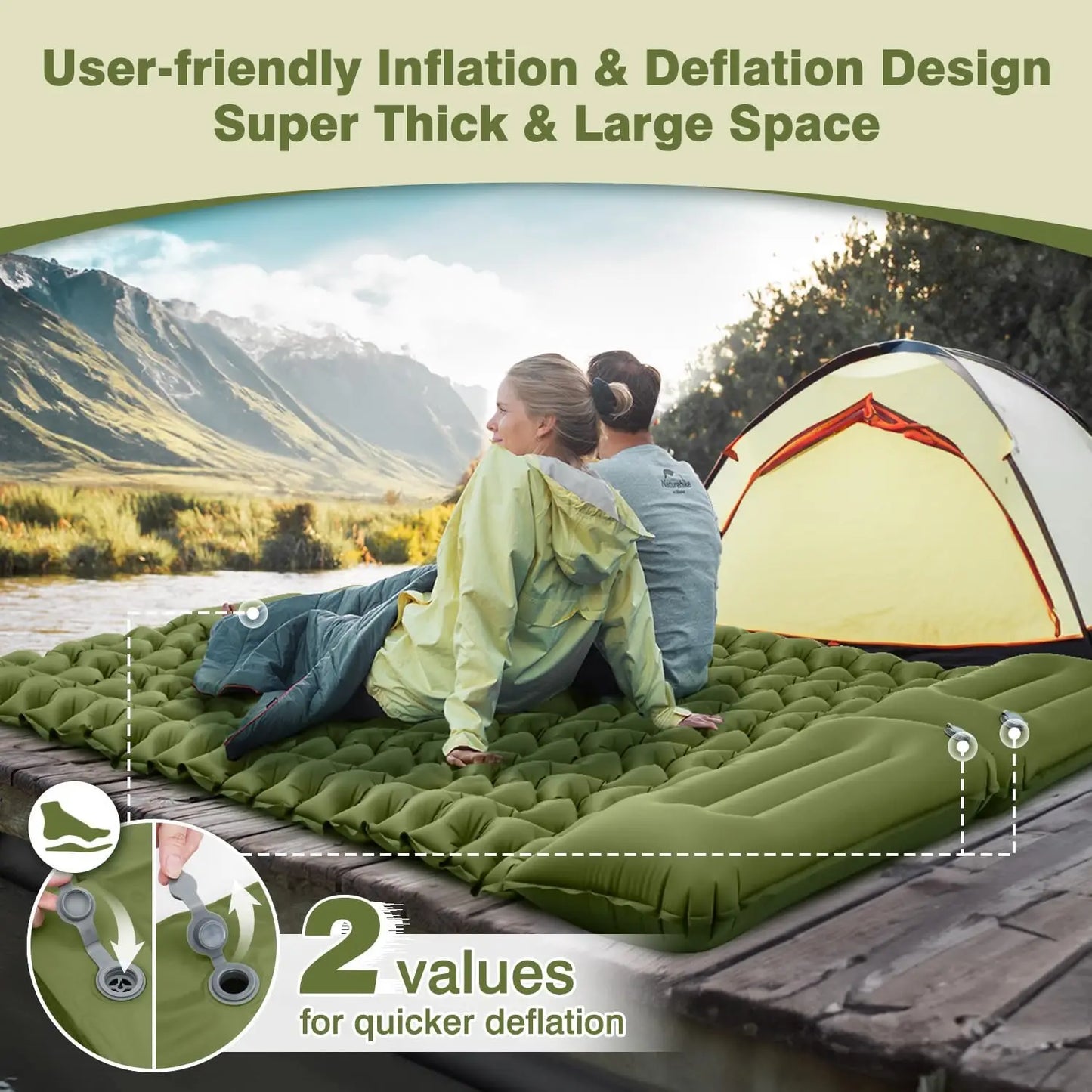 Outdoor 2 Persons Travel Bed Air Mat Double Sleeping Pad for Camping Self-Inflating Mat Sleeping Mattress with Pillow for Hiking