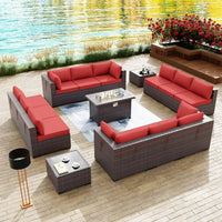 15 Pieces Outdoor Patio Furniture Set with 43" Gas Propane Fire Pit Table PE Wicker Rattan Sectional Sofa Patio Conversation