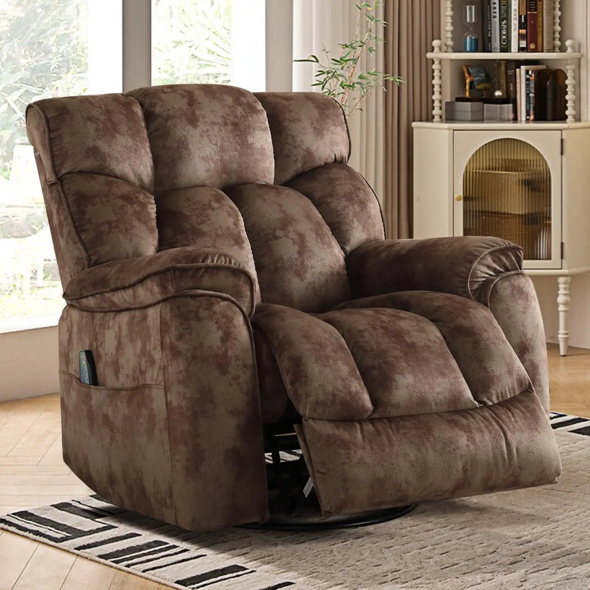 Oversized Rocker Recliner with Heat & Massage Manual Swivel Soft Fabric Brown, Customized