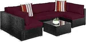 Seven Piece Modular Set, Outdoor Sectional Wicker Patio, Conversation With Two Pillows, Coffee Table Cover Included