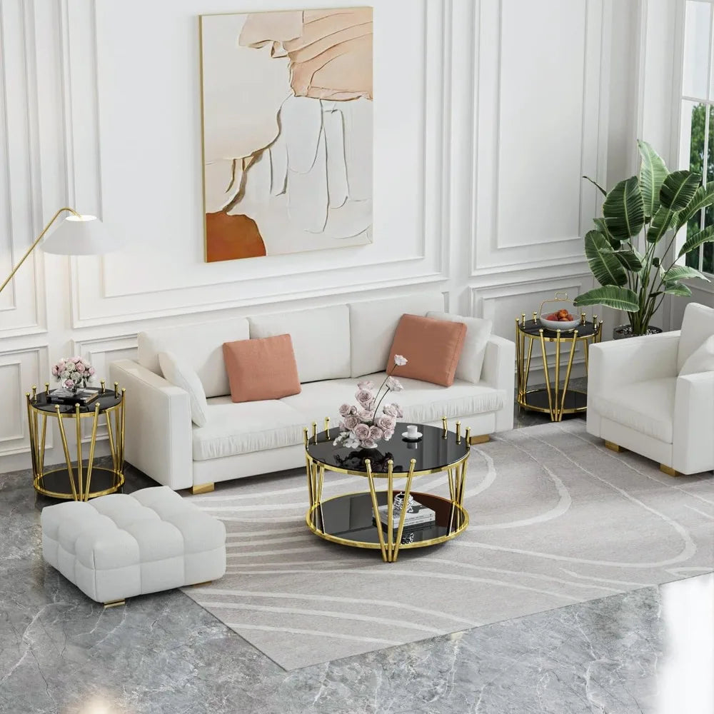 Round Gold Glass Coffee Table 31.5" Black Tempering Glass Living Room Table Modern Luxury Crown Design Stainless Steel Leg, Sofa