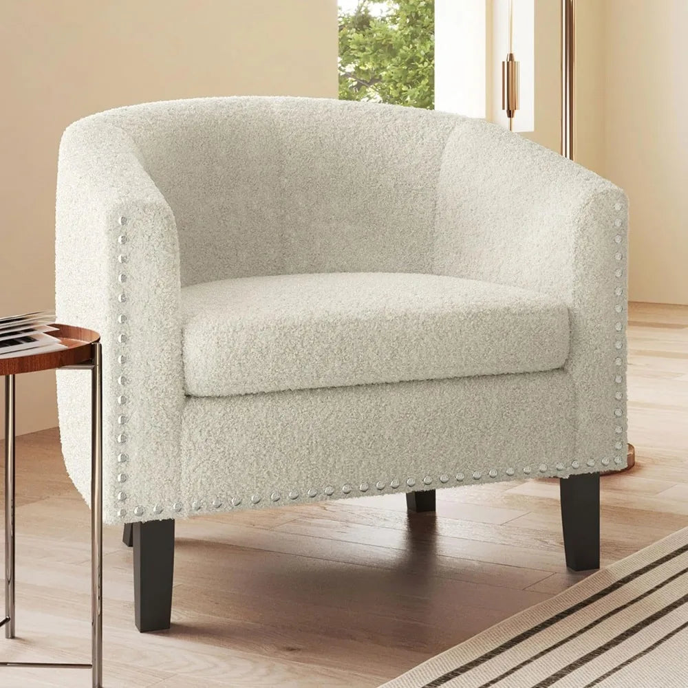 Upholstered Accent Chair, Barrel Club Chair with Silver Nail Head Trim & Legs for Living Room Bedroom Reception Room