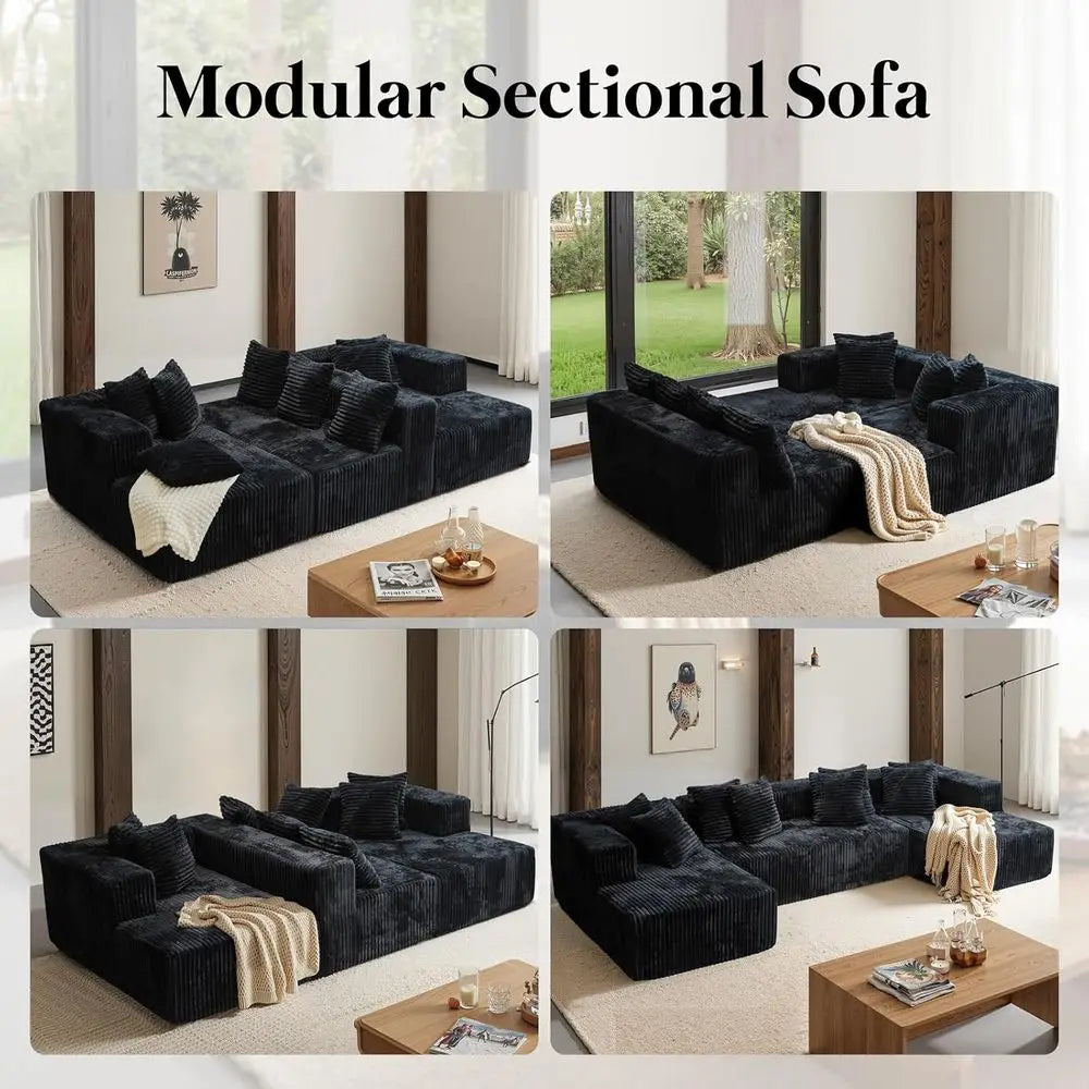 130 Black Bonded Leather Cloud Sofa with 2 Chaise Lounges, 4-in-1 Flexible Layered Foam Cushion, Deep Seating, No Assembly Neede