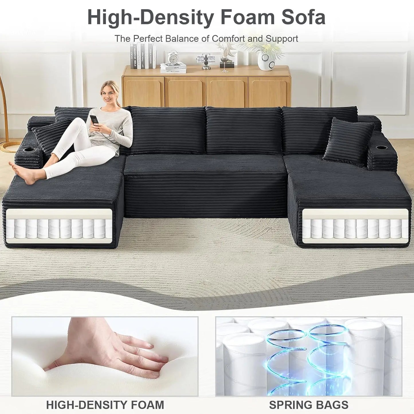133.5" Boneless Sectional Couch with Cup Holder, U Shaped Sofa with Chaise, Oversized Modular Couch with Deep Seat, Comfy Cordur