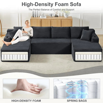 133.5" Boneless Sectional Couch with Cup Holder, U Shaped Sofa with Chaise, Oversized Modular Couch with Deep Seat, Comfy Cordur