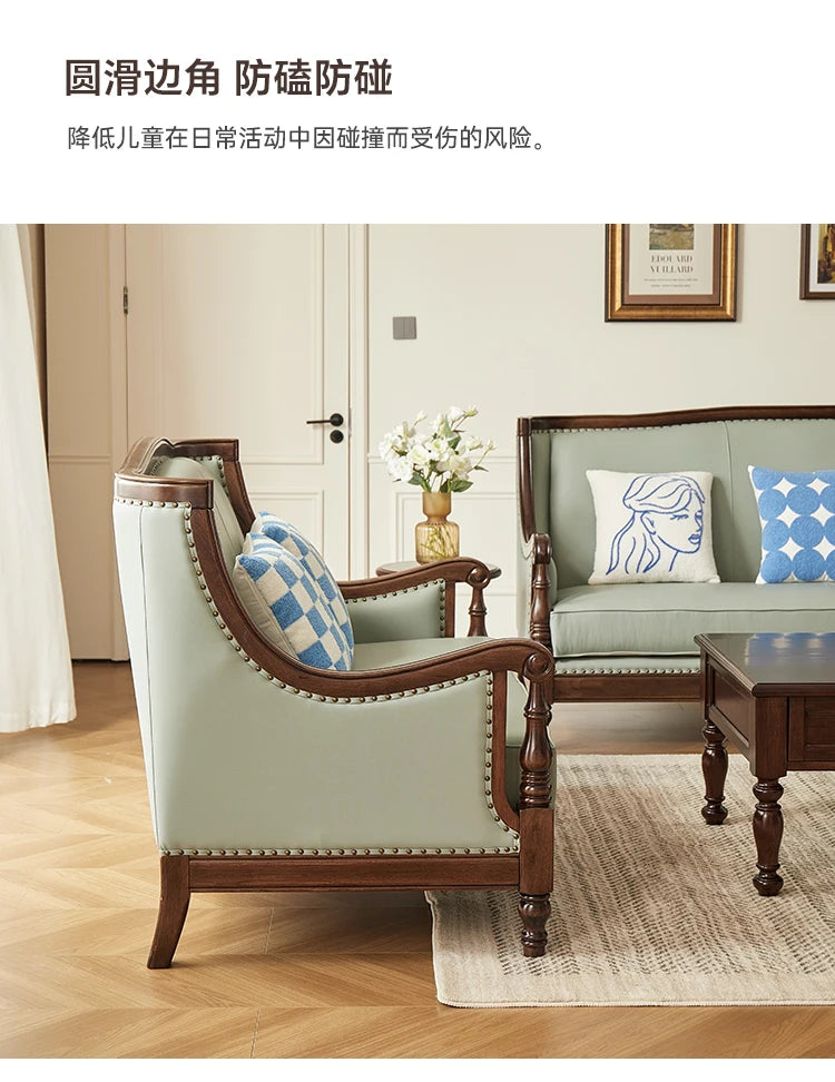 XL retro sofa walnut wood solid wood leather first layer cowhide combination sofa living room furniture