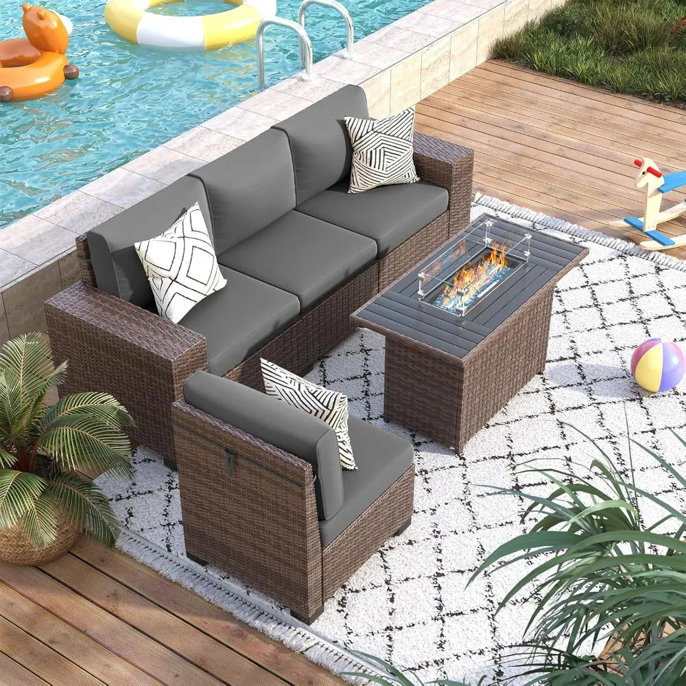 5-piece brown wicker outdoor patio furniture set with fire pit table and sectional sofa for deck and garden conversation area