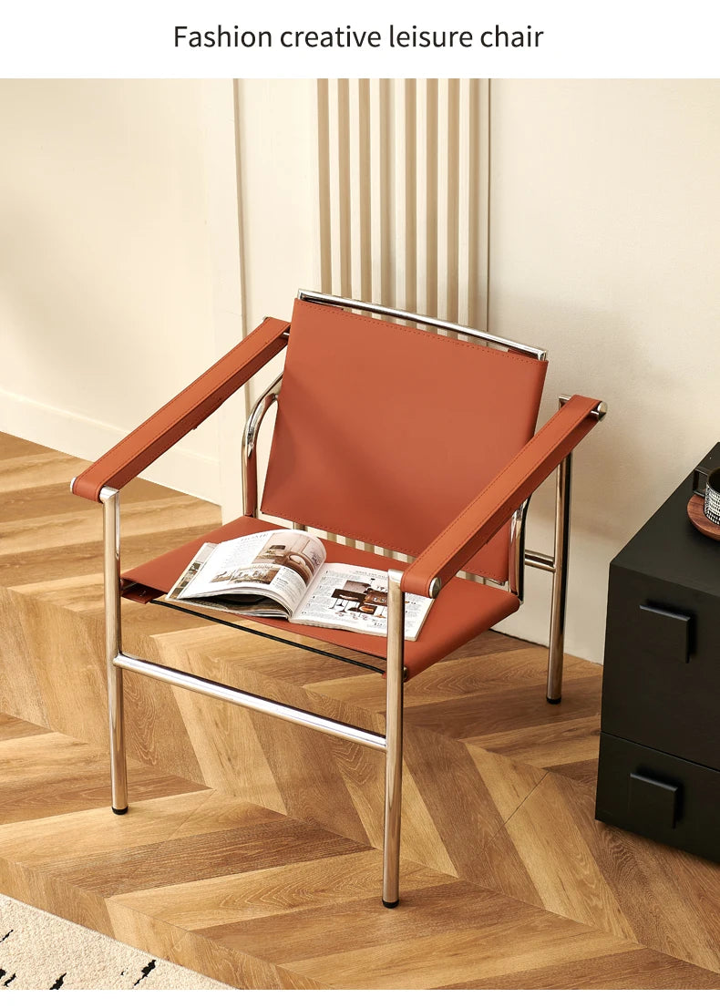Single Leather Stainless Steel Leisure Chair, Living Room Balcony Study Swivel Chair, Business Meeting and Negotiation Chair