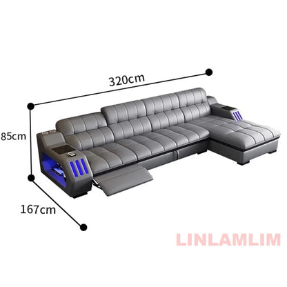 Modern Sectional Sofa Bed with LED Light, Electric Recliner and Massage | Living Room Genuine Leather Couch with Cup Holder, USB