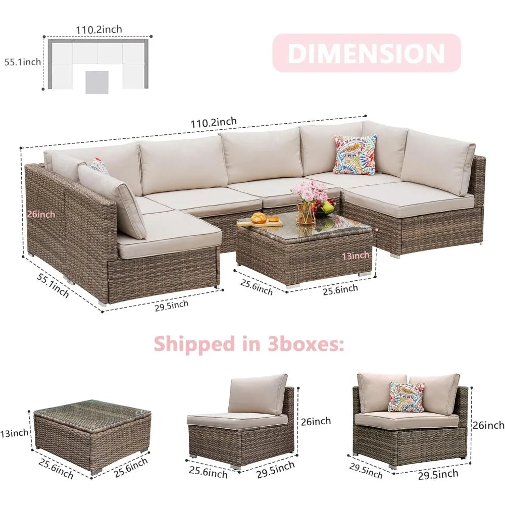 7Pieces Patio Furniture Set - All-Weather Outdoor Wicker Sectional Conversation Sofa, Rattan Patio Seating Sofa Set with Cushion