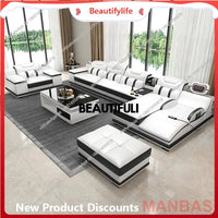 a48 Italy Genuine Leather Sectional Sofa with Bluetooth Speaker,Functional Headrest,Massage Chaise | L Shape Corner Couch