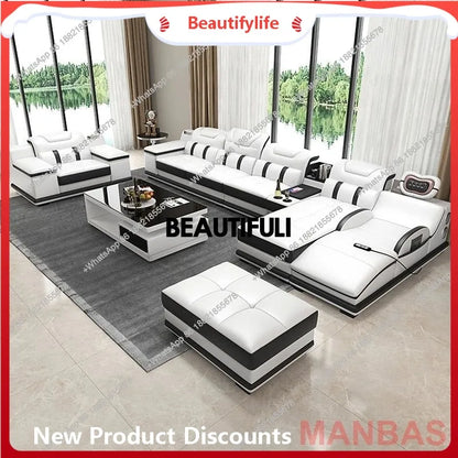 a48 Italy Genuine Leather Sectional Sofa with Bluetooth Speaker,Functional Headrest,Massage Chaise | L Shape Corner Couch