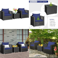 Garden Furniture Sets3PCS Patio Rattan Sofa Set with Table and Cushions for Yard Navy Blue