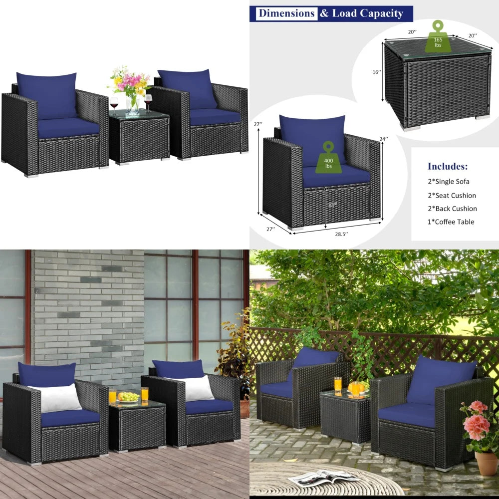 Garden Furniture Sets3PCS Patio Rattan Sofa Set with Table and Cushions for Yard Navy Blue
