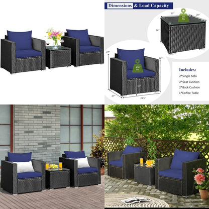 Garden Furniture Sets3PCS Patio Rattan Sofa Set with Table and Cushions for Yard Navy Blue