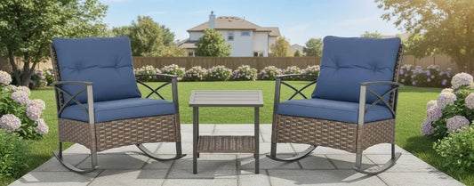 3-Piece Patio Rocking Chair Set with Cushions and Coffee Table for Outdoor Garden, Porch, Backyard in Dark Blue