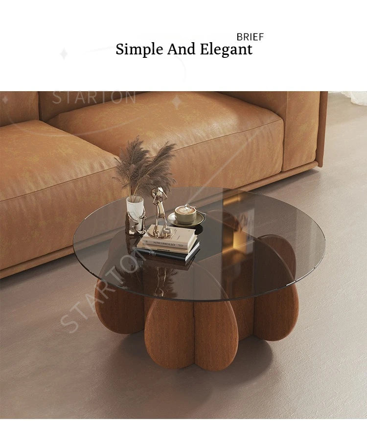 Table basse ronde en verre de luxe légère, Table basse moderne en bois massif, Table ronde nordique Simple