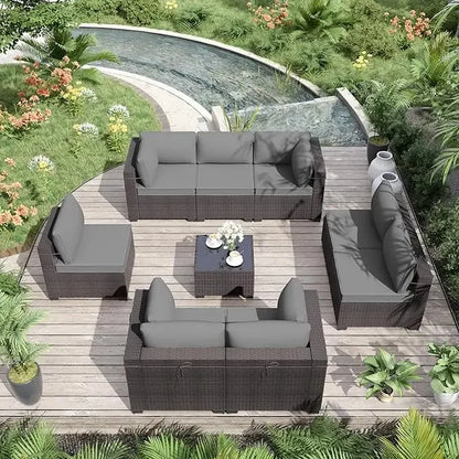 Outdoor Patio Sectional Sofa Set - 9 Piece Brown PE Rattan Conversation Furniture