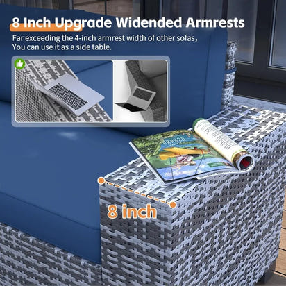 7 Piece Patio Furniture Set with Fire Pit Table, 8''Wide Armrest Modular Rattan Outdoor Sectional Sofa Set,Wicker Patio