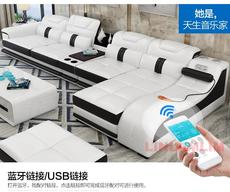 Sectional Sofa with Massage Chaise Lounge, Cup Holder, USB, Adjustable Headrests – Italian Genuine Leather Living Room Couch