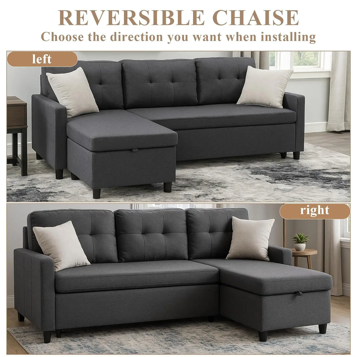 Sleeper Sofa Couch, Oversized Pull-Out Bed with Storage Chaise, Sectional Design for Living Room, Customized