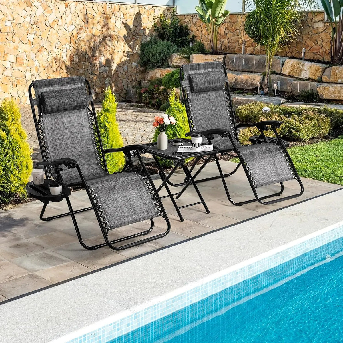 Homfa Garden Sun Lounger Set with Table Folding Adjustable Zero Gravity Recliner Chair Seat Indoor/Outdoor