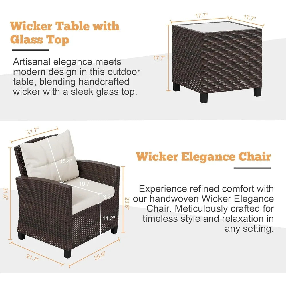 3 Pieces Patio Furniture Set 3 Pieces PE Rattan Wicker Chairs with Table Outdoor Furniture Brown Rattan with White Cushion