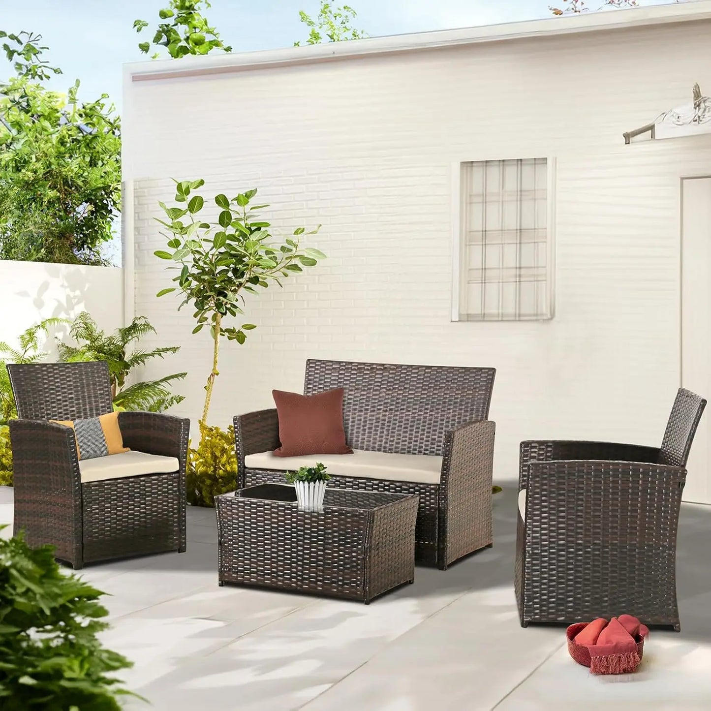 Patio Outdoor Furniture 4 Pieces Sectional Sofa Set Balcony Furniture Wicker Rattan Chairs with Table and Loveseat for Garden