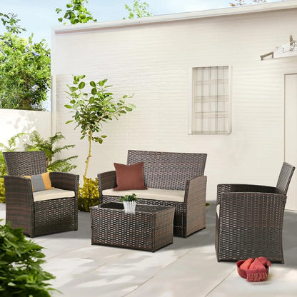 Patio Outdoor Furniture 4 Pieces Sectional Sofa Set Balcony Furniture Wicker Rattan Chairs with Table and Loveseat for Garden